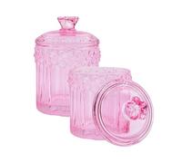 2 Pack Qtip Holder Glass Bathroom Storage Canisters for Cotton Rounds, Apothecary Jars with Lids, Cute Crystal Beauty Eggs Makeup Pads Dispenser, Candy Container Floss Organizers (Pink)