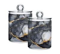 2 Pack Qtip Holder Organizer Dispenser Abstract Black White Gold Marble Bathroom Storage Canister Plastic Cotton Ball Holder Bathroom Containers for Cotton Swabs/Pads/Floss