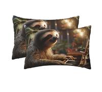2 Pack Queen Size Pillow Cases with Zipper, Soft Breathable Pillowcase for Hair and Skin, 20"x30" Pillow Covers for Sleeping Gift Bed Pillow Case Sloth Playing Piano Cartoon Pillowcases