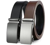 2 Pack Ratchet Belt 1 3/8", Mens leather Dress Belt in Gift Set Size 28"-62" Adjustable waist Trim to Fit, 02 Black/Brown Genuine Leather Belt, 28-42W