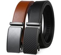 2 Pack Ratchet Belt 1 3/8", Mens leather Dress Belt in Gift Set Size 28"-62" Adjustable waist Trim to Fit, Carbon Fiber Black/Tan, 28-42W