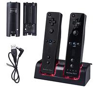 2 Pack Rechargeable Battery for Wii Remote Controller, TechKen 2 x 2800mAh Batteries with Charging Station Dock (Black)