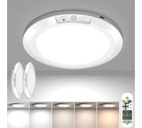 2 Pack Rechargeable Motion Sensor Ceiling Light with Remote Control, Battery Powered Magnetic Closet Lamp 5 Color Temperatures Dimmable Timing Motion Stairs Light for Shower Pantry Porch Garage
