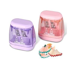 2 Pack Rectangle Pencil Sharpener with Container, Dual Hole 8mm & 12mm | Handheld sharpeners for kids, adults, school, home and office in pink & purple rectangular design
