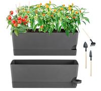 2 Pack Rectangle Self Watering Pots for Indoor Plants 17 Inches Window Boxes Planters Rectangular Flower Pots Herb Large Plant Pots with Drainage Holes and Saucers Windowsill Planter, Grey