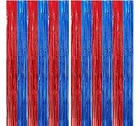 2 Pack Red and Blue Party Decorations 3.28 x 6.56 Ft Tinsel Foil Fringe Curtains, Photo Booth Prop Backdrop Streamer,Boys Spider Theme Birthday Party Decor
