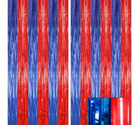 2 Pack Red Blue Metallic Foil Fringe Curtain 3.2ft x 6.5ft Tinsel Streamer Backdrop, Colour Photo Booth Background Decor for King’s Party, Football Match, Boys Spider Theme Birthday Party Supplies