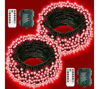 2 Pack Red Fairy Lights Battery Total 20M 200LED Halloween Lights Outdoor | 8 Modes Timer Memory Dimmable IP44 Waterproof Remote Control Green Wire String Lights for Outside Garden Yard Decorations