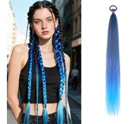 2 Pack Red Ponytail Extension with Tie Colored Braided Ponytail DIY Festival Wacky Rave Braids for Women Girls Hair Accessories for Festival Halloween Party 26 Inch (Blue)