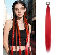 2 Pack Red Ponytail Extension with Tie Colored Braided Ponytail DIY Festival Wacky Rave Braids for Women Girls Hair Accessories for Festival Halloween Party 26 Inch (Red)