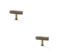 2 Pack - Reeded T Bar Cupboard Door Knob - 55mm x 38mm Antique Brass Lined Pull Handle