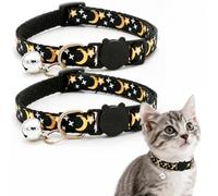 2 Pack Reflective Adjustable Cat Collar with Bell, Moon Star Print Kitten Collar with Safety Breakaway Buckle, Cute Soft Pet Collar for Cats and Kittens Daily Use