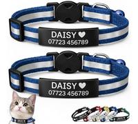 2-Pack Reflective Personalised Cat Collar with Black Name & Phone Number - Engraved ID Plate, Breakaway Safety Buckle, Adjustable Kitten Collar Set (Dark Blue)