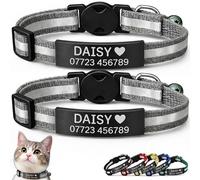 2-Pack Reflective Personalised Cat Collar with Black Name & Phone Number - Engraved ID Plate, Breakaway Safety Buckle, Adjustable Kitten Collar Set (Grey)