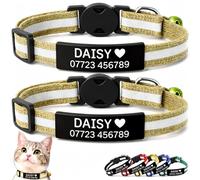 2-Pack Reflective Personalised Cat Collar with Black Name & Phone Number - Engraved ID Plate, Breakaway Safety Buckle, Adjustable Kitten Collar Set (Khaki)
