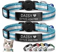2-Pack Reflective Personalised Cat Collar with Black Name & Phone Number - Engraved ID Plate, Breakaway Safety Buckle, Adjustable Kitten Collar Set (Sky Blue)