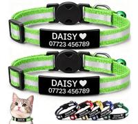 2-Pack Reflective Personalised Cat Collar with Black Name & Phone Number - Engraved ID Plate, Breakaway Safety Buckle, Adjustable Kitten Collar Set (Fluorescent Green)