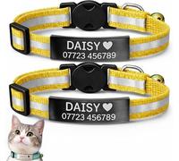 2-Pack Reflective Personalised Cat Collar with Black Name & Phone Number - Engraved ID Plate, Breakaway Safety Buckle, Adjustable Kitten Collar Set (Yellow)