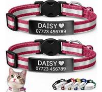 2-Pack Reflective Personalised Cat Collar with Black Name & Phone Number - Engraved ID Plate, Breakaway Safety Buckle, Adjustable Kitten Collar Set (Watermelon Red)