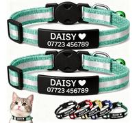 2-Pack Reflective Personalised Cat Collar with Black Name & Phone Number - Engraved ID Plate, Breakaway Safety Buckle, Adjustable Kitten Collar Set (Mint Green)