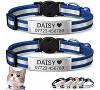 2-Pack Reflective Personalised Cat Collar with Name & Phone Number - Engraved ID Plate, Breakaway Safety Buckle, Adjustable Kitten Collar Set (Dark Blue)