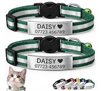 2-Pack Reflective Personalised Cat Collar with Name & Phone Number - Engraved ID Plate, Breakaway Safety Buckle, Adjustable Kitten Collar Set (Dark Green)