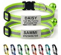 2-Pack Reflective Personalised Cat Collar with Name & Phone Number - Engraved ID Plate, Breakaway Safety Buckle, Adjustable Kitten Collar Set (Fluorescent Green)