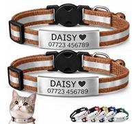 2-Pack Reflective Personalised Cat Collar with Name & Phone Number - Engraved ID Plate, Breakaway Safety Buckle, Adjustable Kitten Collar Set (Brown)