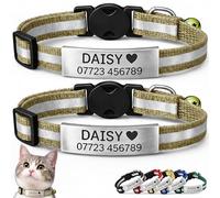 2-Pack Reflective Personalised Cat Collar with Name & Phone Number - Engraved ID Plate, Breakaway Safety Buckle, Adjustable Kitten Collar Set (Khaki)