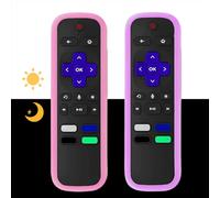 [2 Pack] Remote Cover Case (Glow in The Dark) Compatible with Roku TV Remote/Roku Express/Streaming Stick/Premiere, Universal Silicone Case for Roku Voice Remote with Lanyard (Pink and Purple)