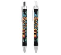 2 Pack Retractable Black Ballpoint Pens for Smooth Writing 0.5mm Fine Point Fineliner Refillable Quick Dry Gel Ink Colorful Tiki Mask Pattern Rollerball Pens Comfort Grip for Journaling Note Takin
