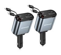 [2 Pack] Retractable Car Charger 4 in 1 Fast Car Phone Charger 69W, Type C Car Charger Adapter with 2X Retractable Phone Charger Cables and 2X USB Ports for i Phone 16/15/14/13/12, for Samsung S24/S23