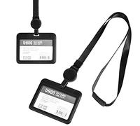 2 Pack Retractable Lanyard, Adjustable Lanyard with Horizontal Card Holder, Black Plastic ID Badge Card Holder with Clear Window and Lanyard Set, Neck Lanyard for Office Work School Credit Card Pass