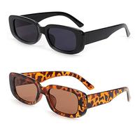 2 Pack Retro Fashion Rectangle Sunglasses Small Square Frames Sun Glasses 90s Vintage Wide Frame Eyewear for Women and Men UV 400 Protection (Black Frame Grey Lens and leopard Frame Brown Lens)