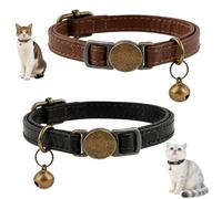 2 Pack Retro Leather Cat Collar for Cats, Adjustable Breakaway Cat Collar with Bell, Soft PU Leather Collars for Kittens Small Pets, Black and Brown