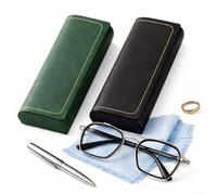 2 Pack Retro PU Leather Glasses Case Hard Shell Sunglasses Case with Snap Close, Protective Eyeglass Storage Box Anti Knock Waterproof Travel Case for Men and Women Dark Green and Black