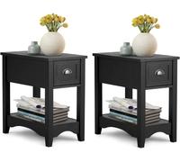 2 Pack Retro Side Table Nightstand End Table With 1 Drawer & Solid Wood Legs Gymax Black One Size
