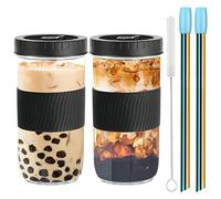 2 Pack Reusable Boba Tea Cups, 24oz/730ml Bubble Tea Cup with Leakproof Lids and Stainless Steel Straw Drinking Glasses Cups Travel Mug Glass Tumbler Mason Jar Sippy Cup for Ice Juice Coffee Drinks