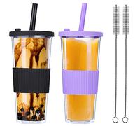 2 Pack Reusable Boba Tea Cups, 24oz Leakproof Double Wall Smoothie Tumbler, Iced Coffee Cup, Wide Straw for Bubble Tea (Black & Purple)