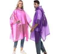 2-Pack Reusable Rain Ponchos for Adults, HOOMBOOM Raincoats Emergency Survival for Women/Men Hood and Drawstring, Pink&purple, One size
