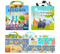 2-Pack Reusable Sticker Books for Toddlers 1-4 Years, Animals and Vehicles Jelly Stickers for Boys Girls, Travel Essentials Toy for Airplane Road Trip, Birthday Gifts. (Transportation + Zoo)