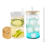 2 Pack Ribbed Drinking Glass Cups Vintage Drinking Glassware with Bamboo Lids and Glass Straw 415ml Tumbler Glasses Ice Coffee Cup for Beer Cocktail Juice Soda Matcha and Smoothies