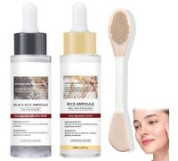 2 Pack Rice and Black Rice Exfoliating Ampoule Duo with Silicone Brush - Gentle Brightening Serum for Face & Body, Pore Refining & Smoothing Facial Scrub, For All Skin Types