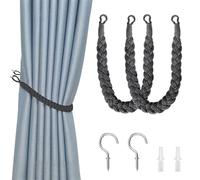 2 Pack Rope Curtain Tie Backs, Hand-Woven Natural Cotton & Boho Style Decorative Curtain Tiebacks with Metal Hooks, Soft Braided Curtain Ties for Home and Office Drapery