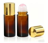 2 Pack Rose Quartz Roller Bottles for Essential Oils, 50ml Large Amber Glass Roll On Bottles, Natural Crystal Roller Balls, Refillable Travel Empty Containers for Perfume, Fragrance & Aromatherapy