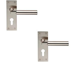 2 Pack Round Bar Handle on Slim Euro Lock Backplate - 150 x 50mm - Satin Nickel | Designer Lever on Backplate Door Handle - Internal Door Hardware - Lock, Euro, Oval and Latch Options Available