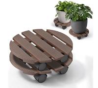 2 Pack Round Plant Caddy Stand with Wheels, WPC for garden,Light Brown | Heavy Duty Plant Trolley with Lockable Wheels Garden Pot Roller for Indoor Outdoor Patio 30 x 30 cm