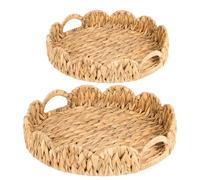 2-Pack Round Wicker Serving Tray with Handles, Natural Water Hyacinth Decorative Basket Tray for Home Decor, Desk Organizer and Tableware Holder