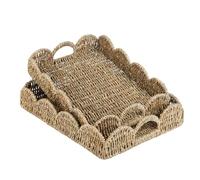 2-Pack Round Wicker Serving Tray with Handles, Natural Water Hyacinth Decorative Basket Tray for Home Decor, Desk Organizer and Tableware Holder