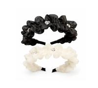 2-Pack Ruffle Hair Bands, Black and Cream, Clear Heart Embellishments | Open-Ended Shape, Gathered Textured Decoration, Holds Hair Away From The Face, For Everyday Outfits And Casual Events